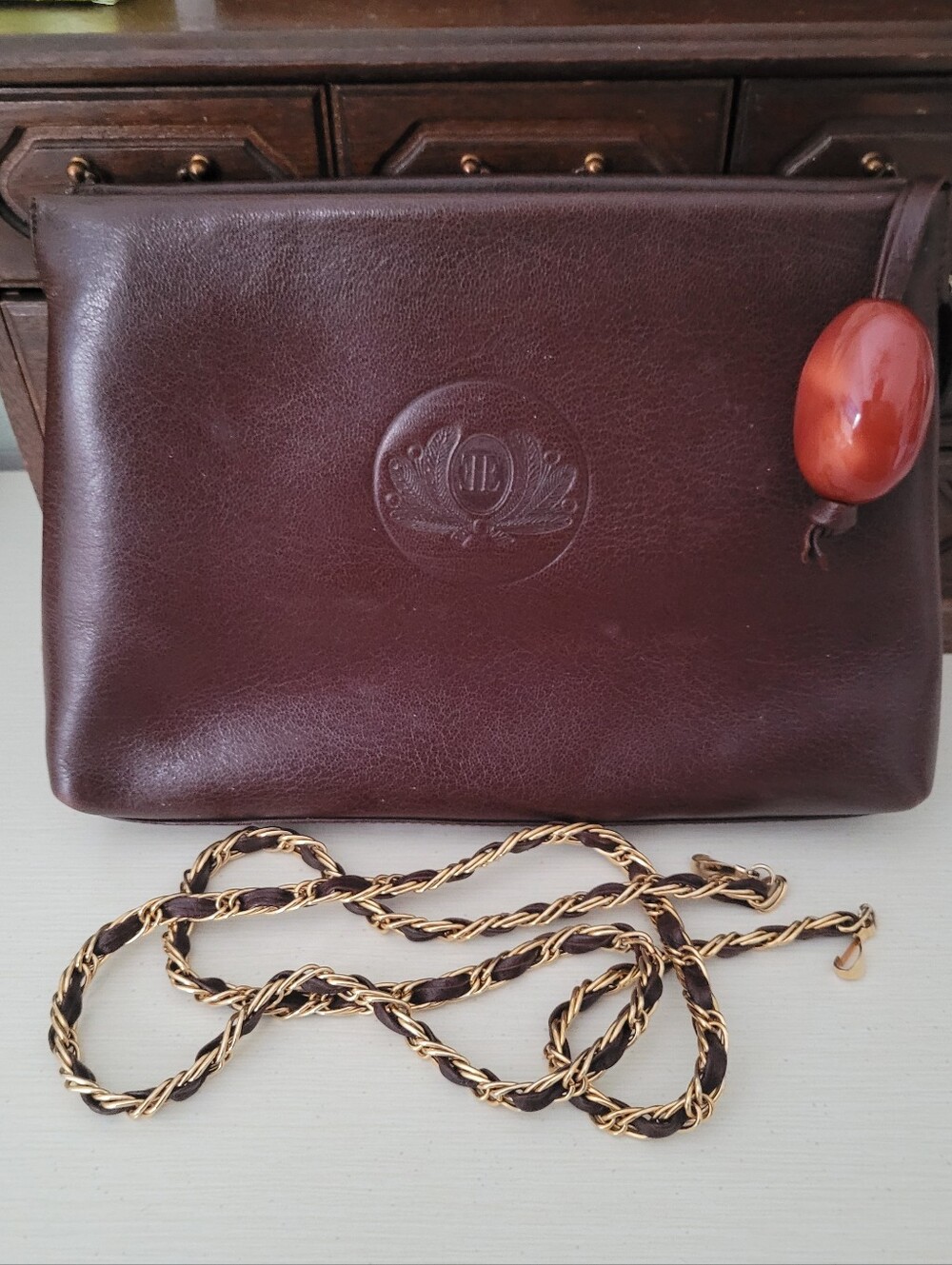 Womens Brown Leather Crossbody Bag Gold Chain And Braided Leather Strap